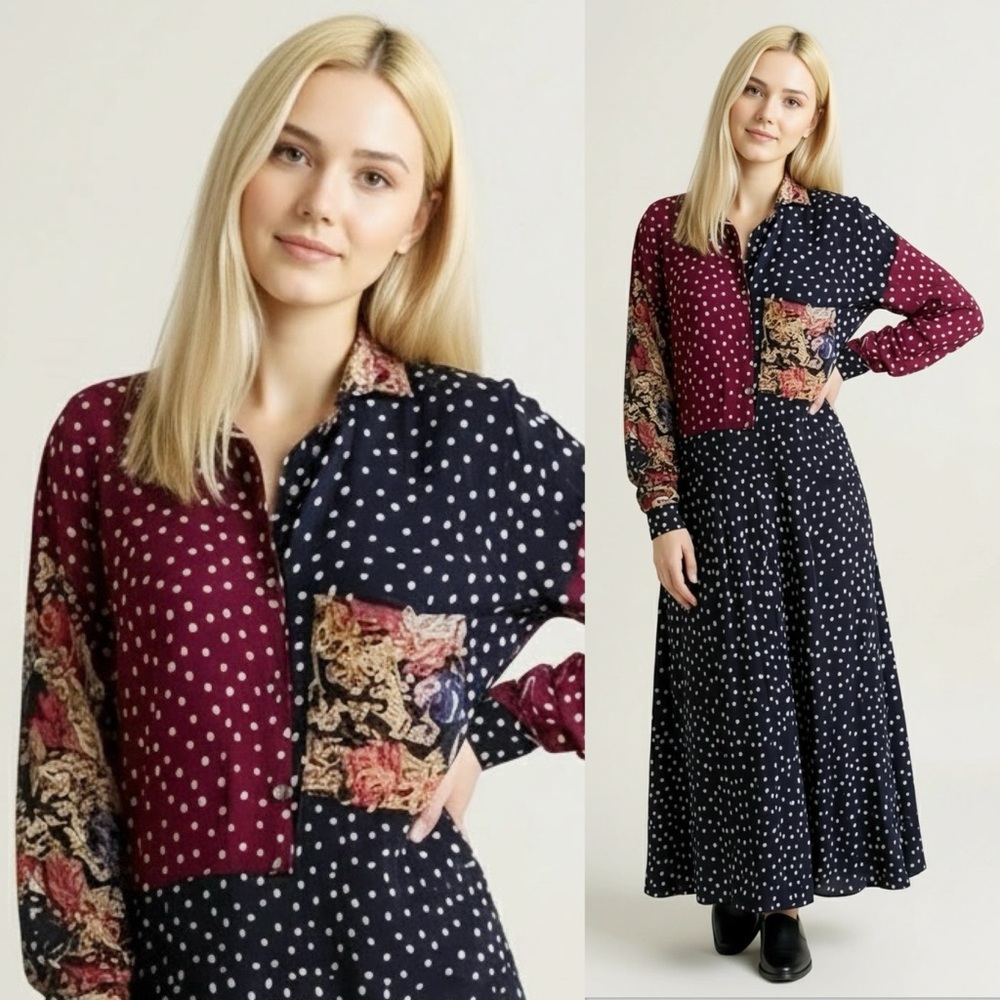 Misty Lane Vintage Women's Polka Dot Floral Patchwork Maxi Dress Size 7/8 Medium